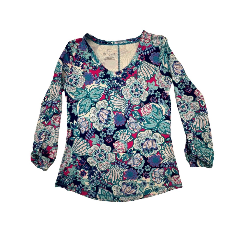 T by‎ Talbots Top Womens XS Blue Pink Floral Bamboo UPF 50 Roll Tab V-Neck